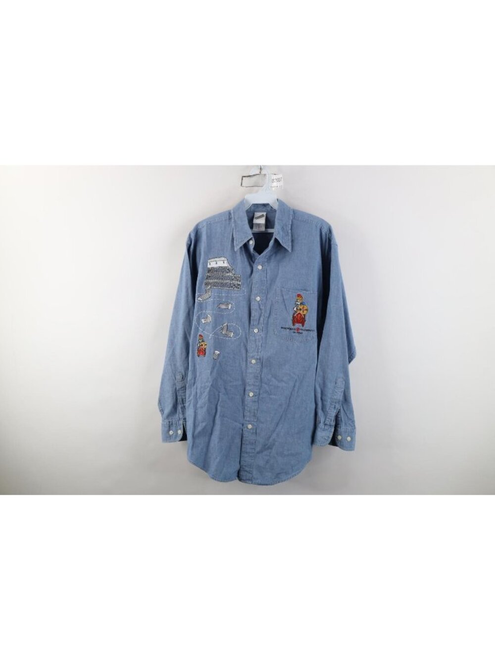 Vtg 90s Warner Bros Mens Small Chambray Roman Bugs Bunny Collared Button Shirt